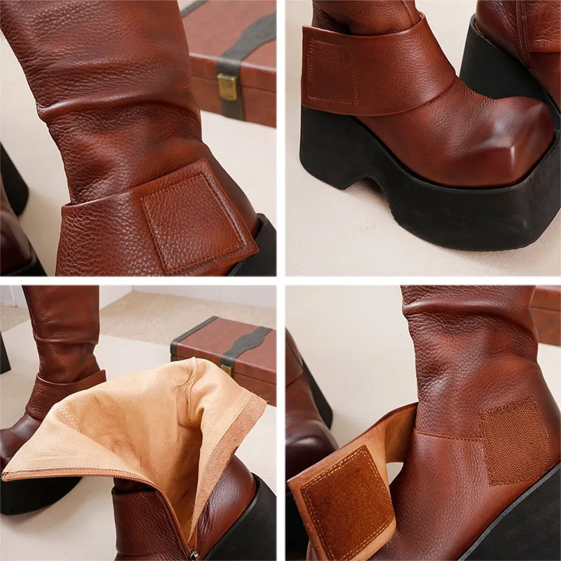 105mm High Platform Boots for Women Square Toe Touch-strap Side Zip in Black/Brown