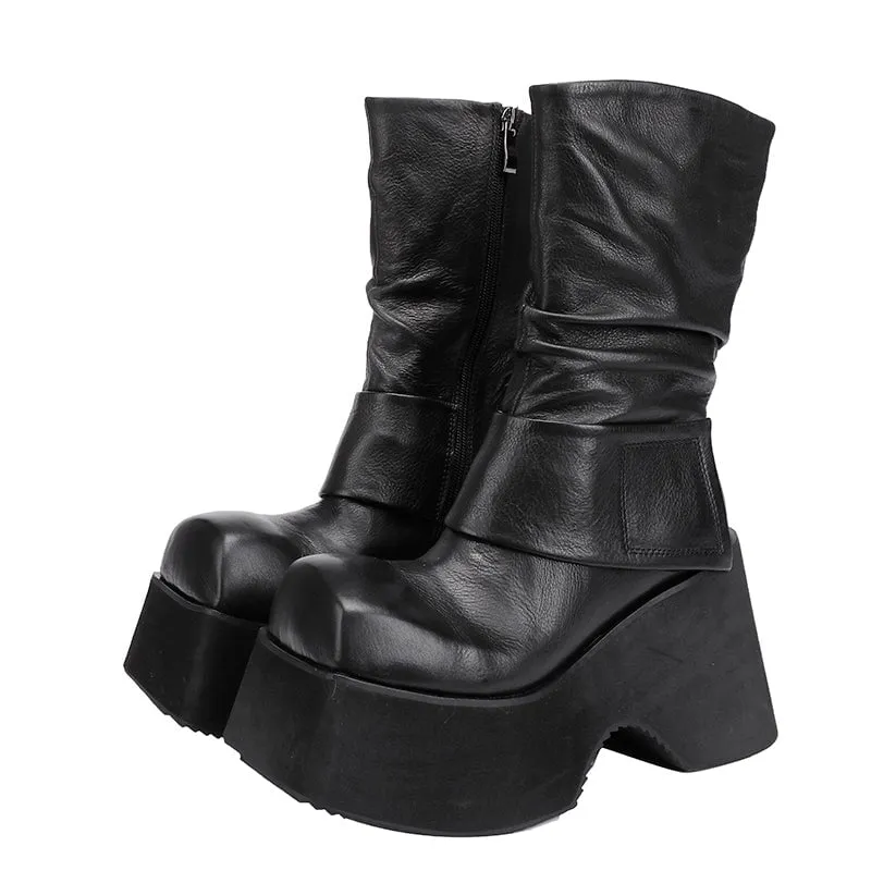 105mm High Platform Boots for Women Square Toe Touch-strap Side Zip in Black/Brown