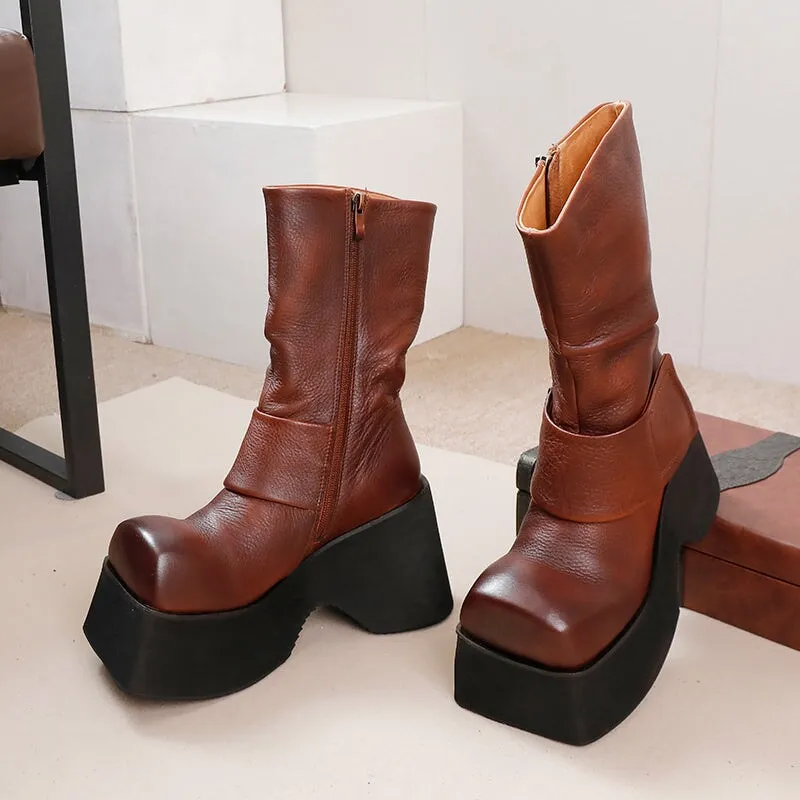 105mm High Platform Boots for Women Square Toe Touch-strap Side Zip in Black/Brown