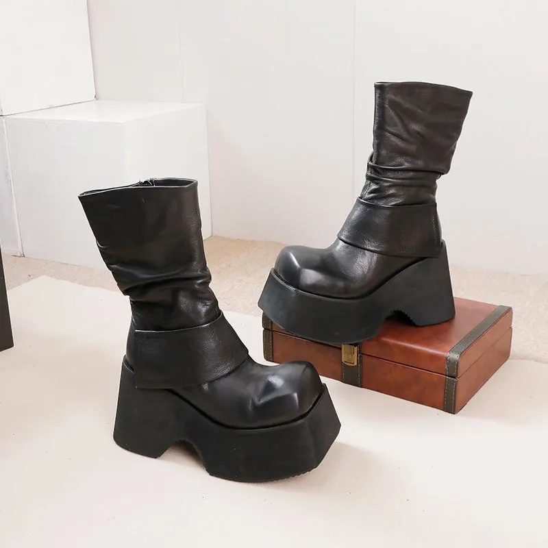 105mm High Platform Boots for Women Square Toe Touch-strap Side Zip in Black/Brown