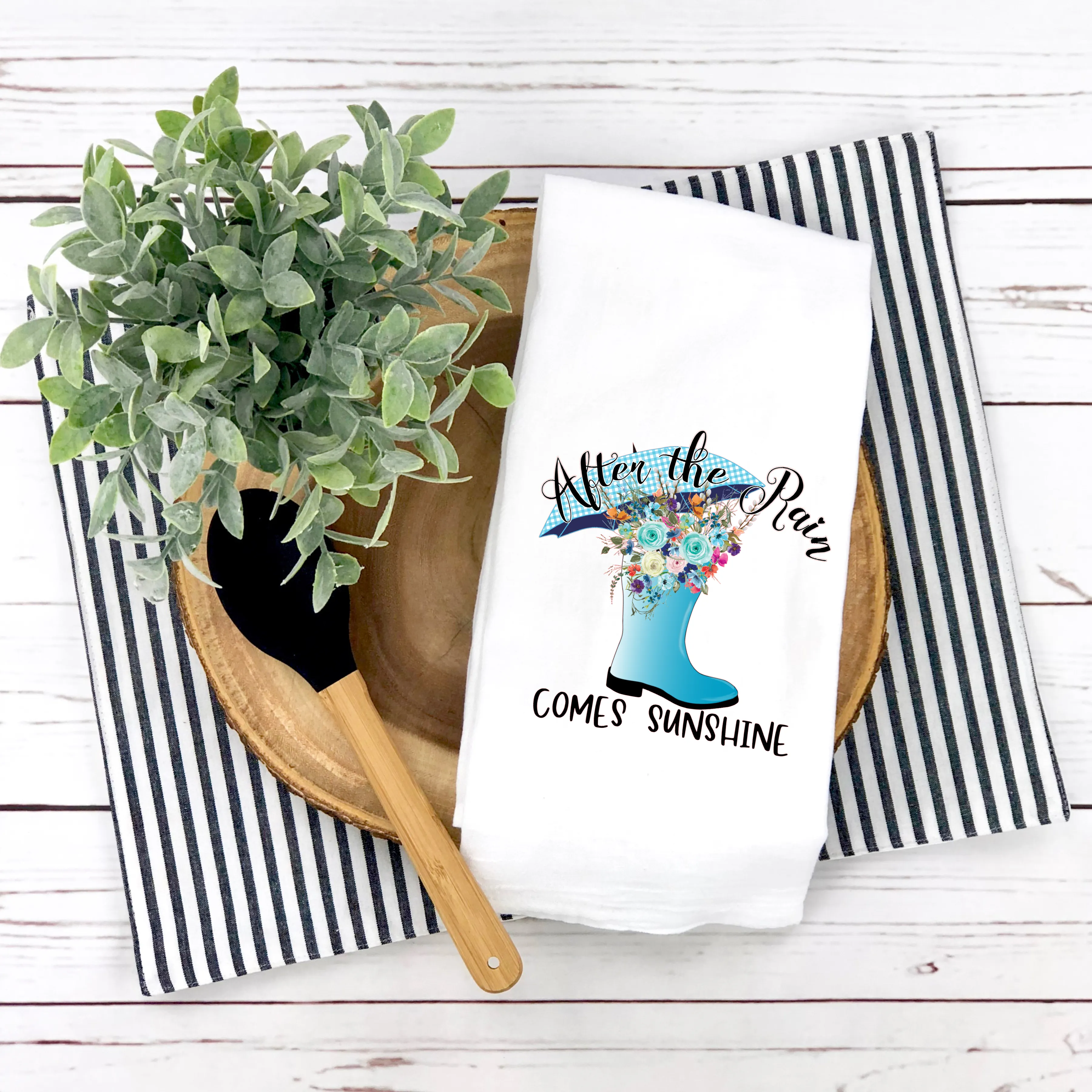 After The Rain Comes Sunshine Tea Towel, Rain Boots, Spring Tea Towel, Kitchen Décor, Hostess Gift