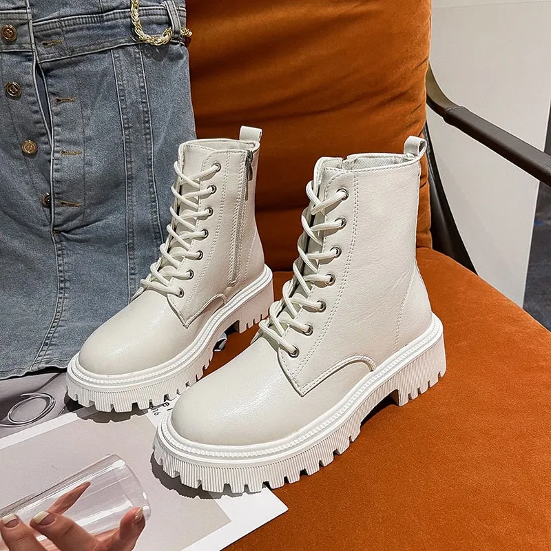 Amozae-  Women Ankle Boots Fashion Autumn 2024 Casual Female White Chelsea Booties Punk Gothic Shoes Platform Short Leather Combat Boots