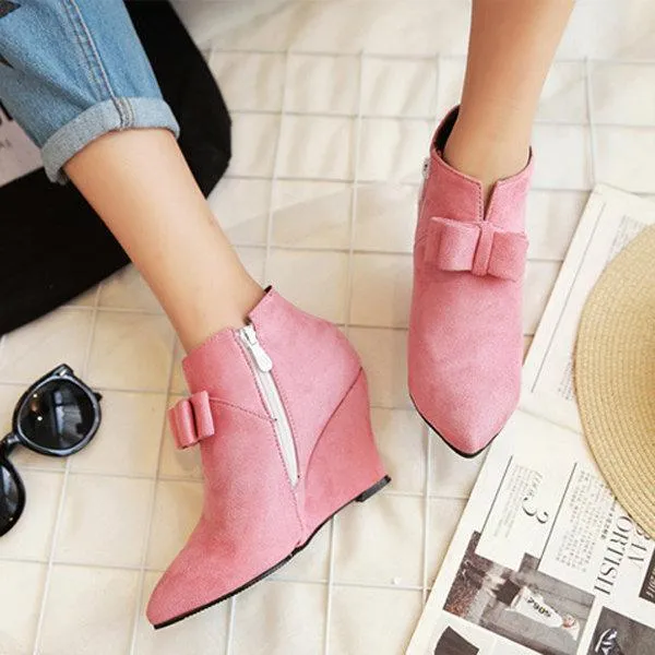 Big Size Butterfly Knot Wedge Heel Zipper Platform Ankle Boots