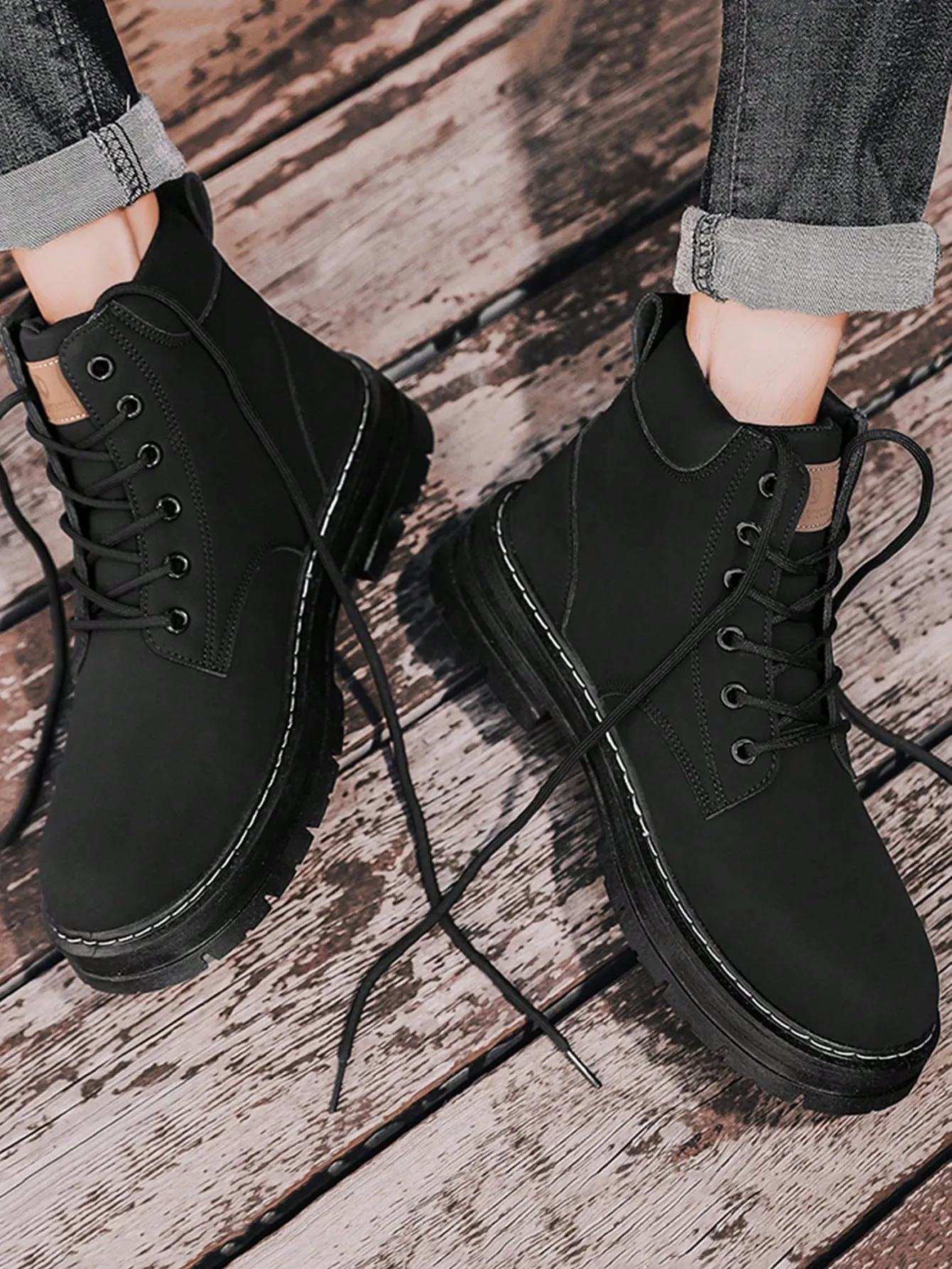 Black High Top Letter Decal Lace-up Closure Front View Work Boots With Steel Toe Cap