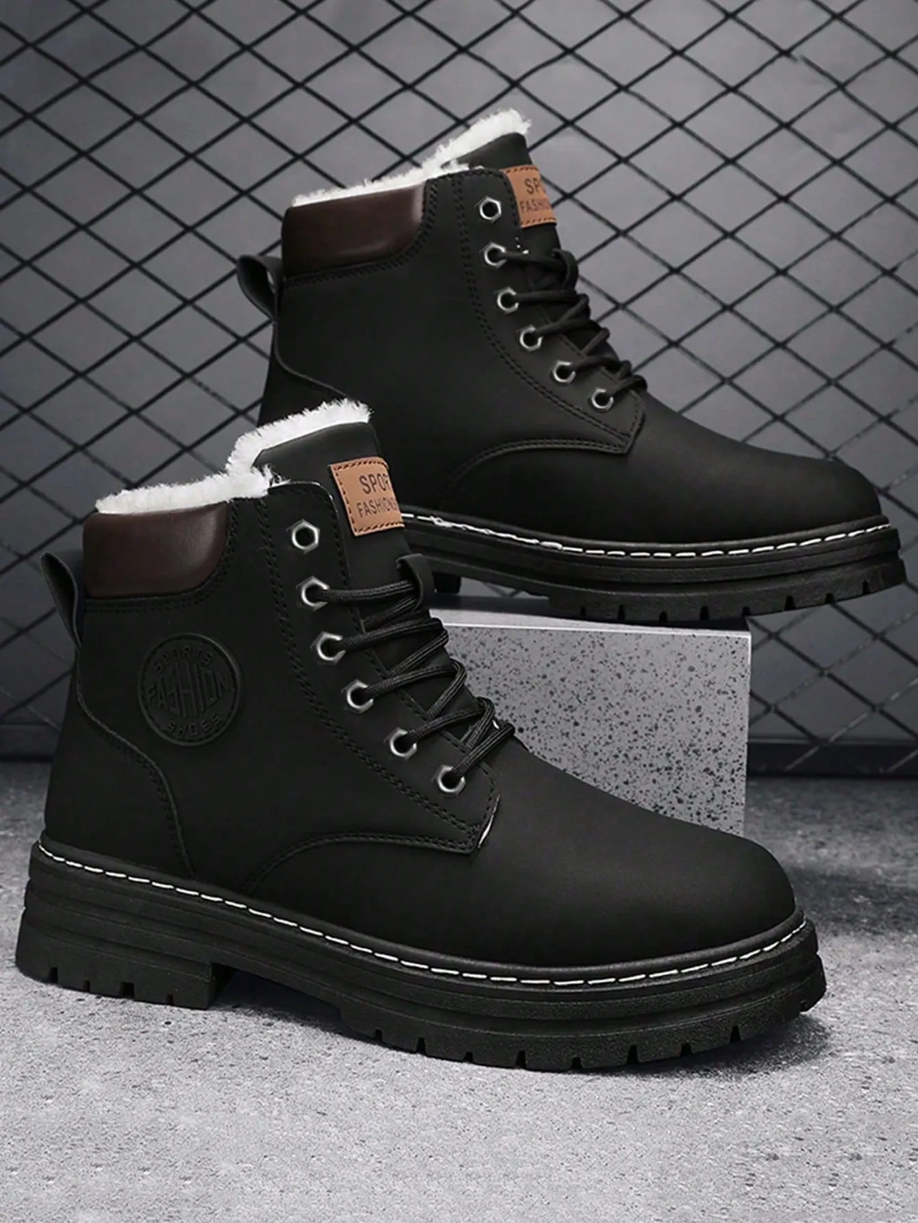 Black High Top Letter Decal Lace-up Closure Front View Work Boots With Steel Toe Cap