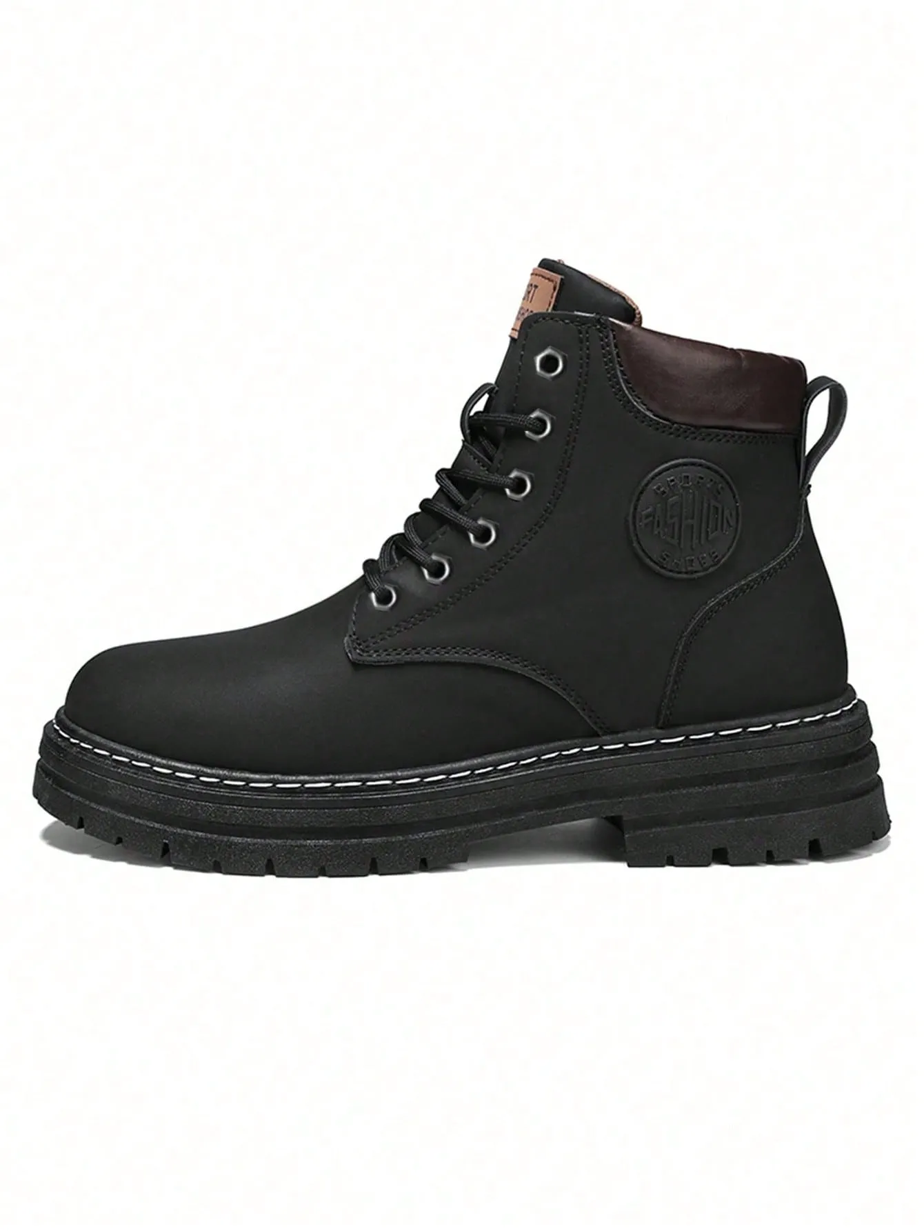Black High Top Letter Decal Lace-up Closure Front View Work Boots With Steel Toe Cap