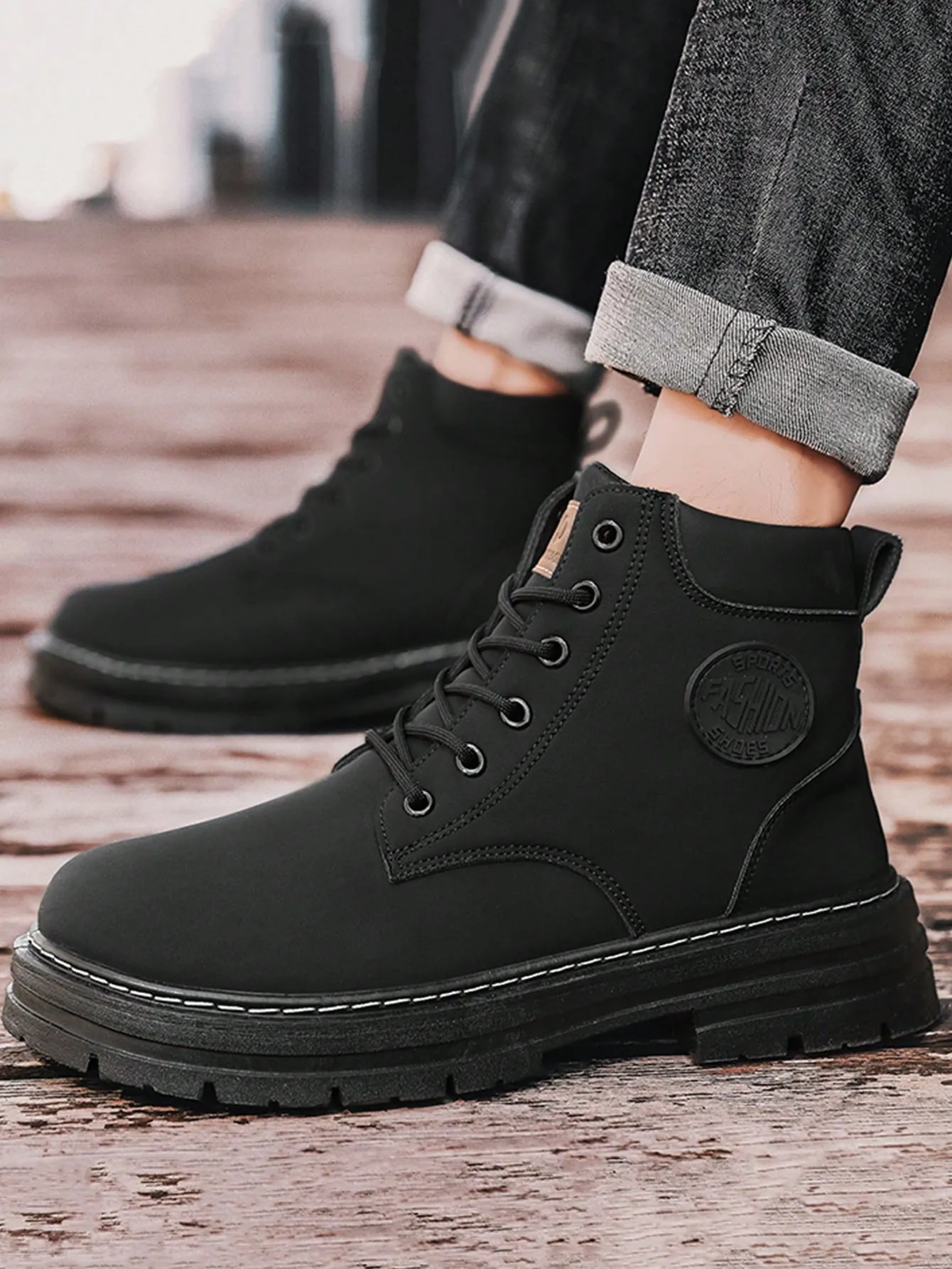 Black High Top Letter Decal Lace-up Closure Front View Work Boots With Steel Toe Cap