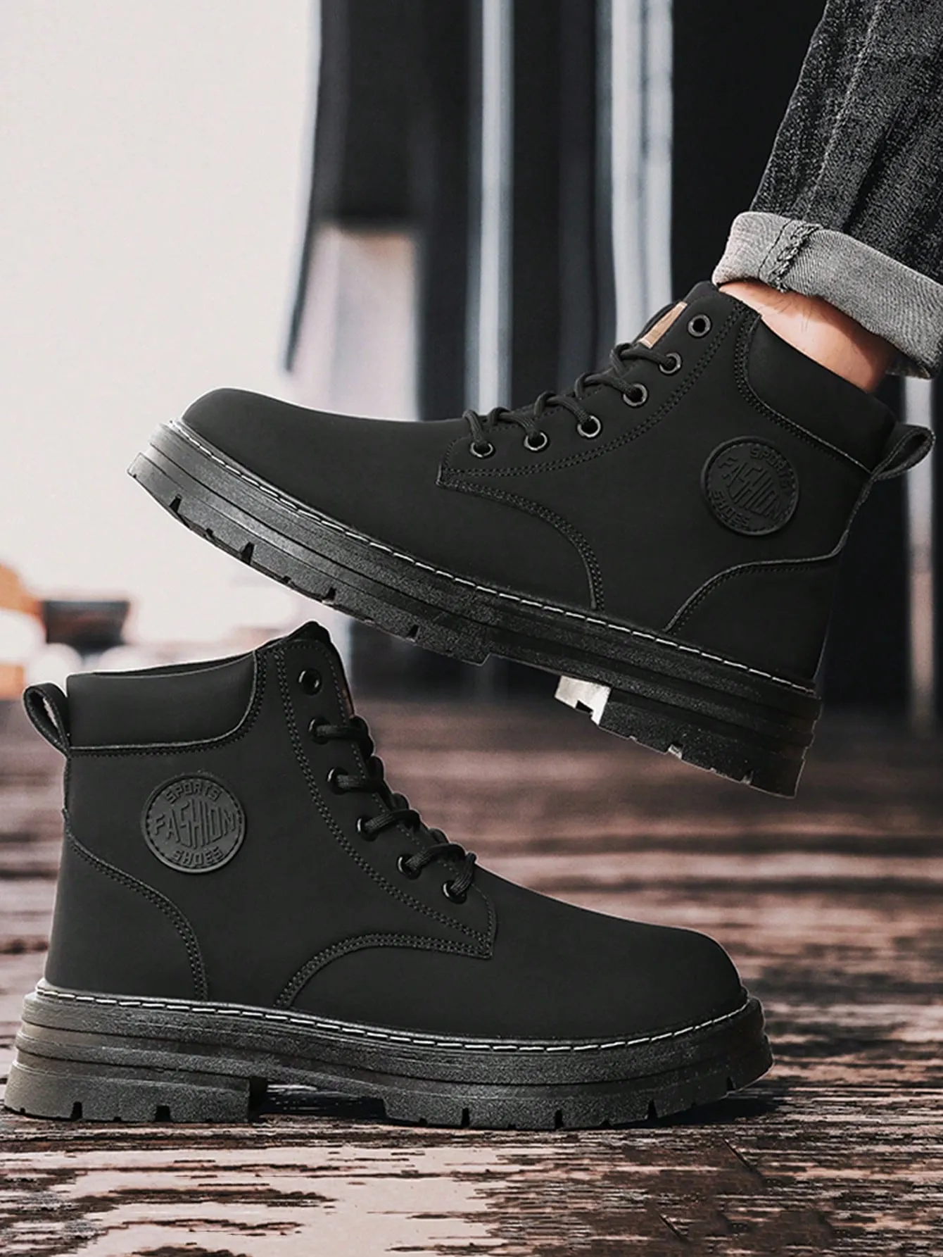 Black High Top Letter Decal Lace-up Closure Front View Work Boots With Steel Toe Cap