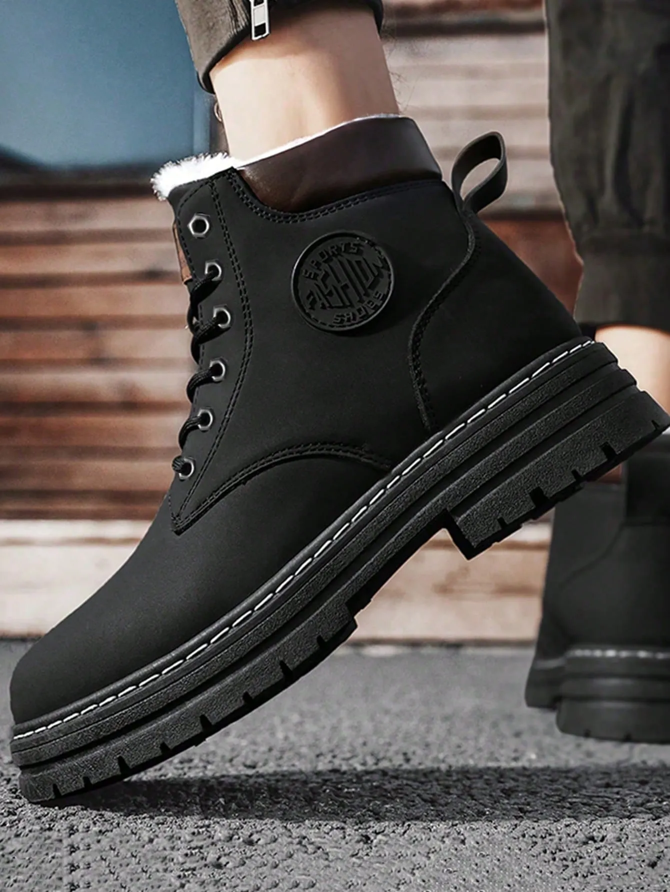 Black High Top Letter Decal Lace-up Closure Front View Work Boots With Steel Toe Cap