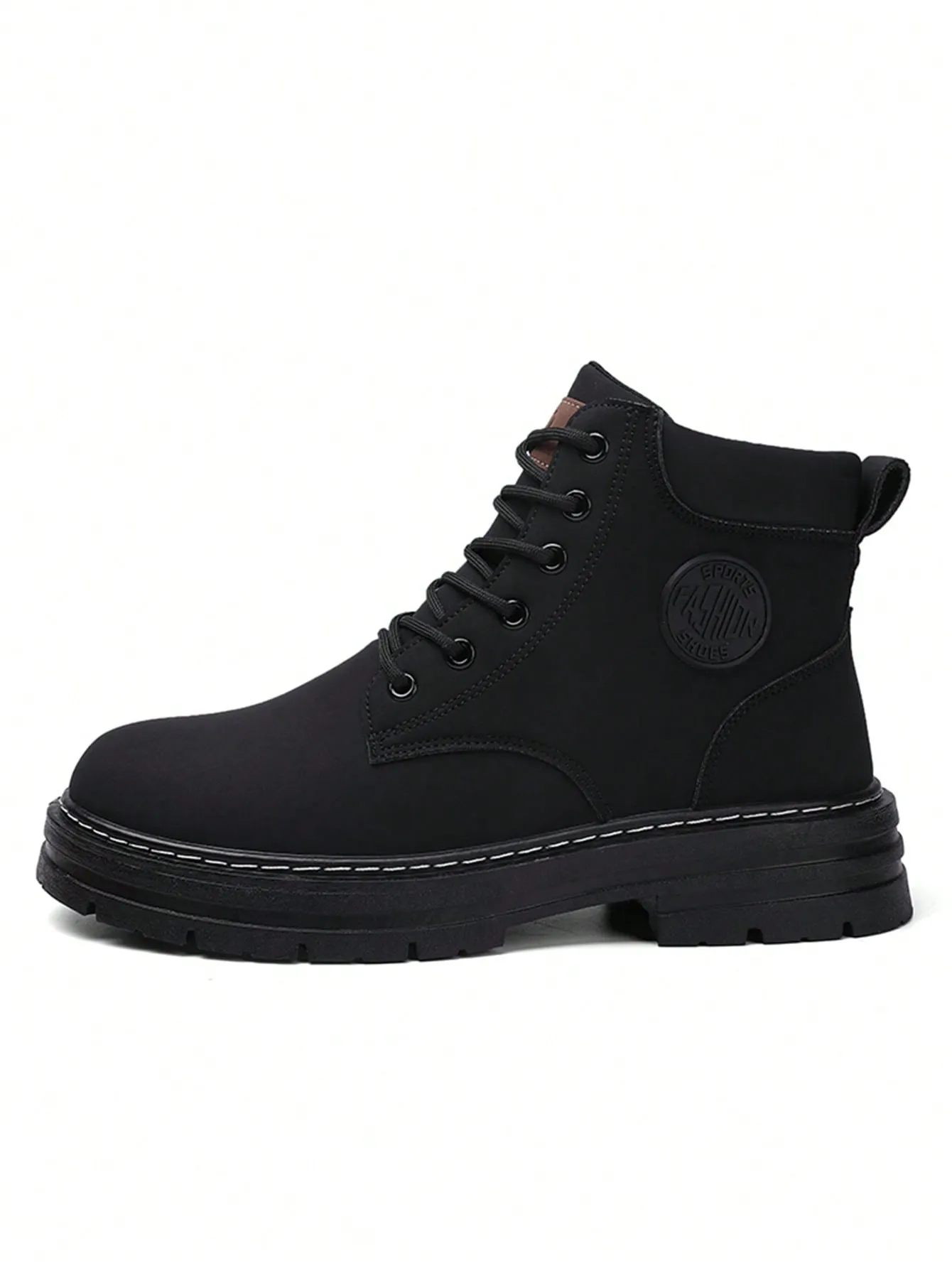 Black High Top Letter Decal Lace-up Closure Front View Work Boots With Steel Toe Cap