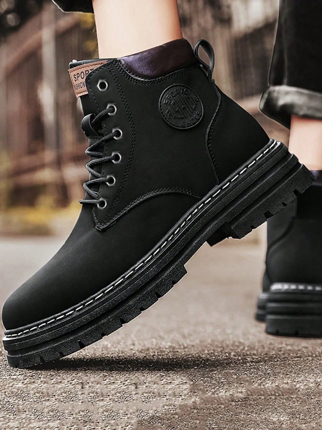Black High Top Letter Decal Lace-up Closure Front View Work Boots With Steel Toe Cap