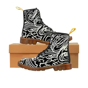 Black Waves Women's Boots, Curvy Waves Pattern Winter Lace-up Toe Cap Boots Shoes Black Waves Women's Boots, Curvy Waves Pattern Winter Lace-up Toe Cap Boots Shoes