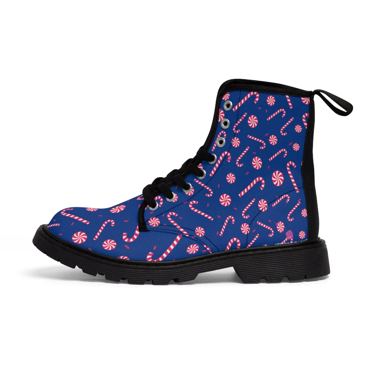 Blue Christmas Women's Canvas Boots, Red Candy Cane Print Winter Boots For Women (US Size 6.5-11)