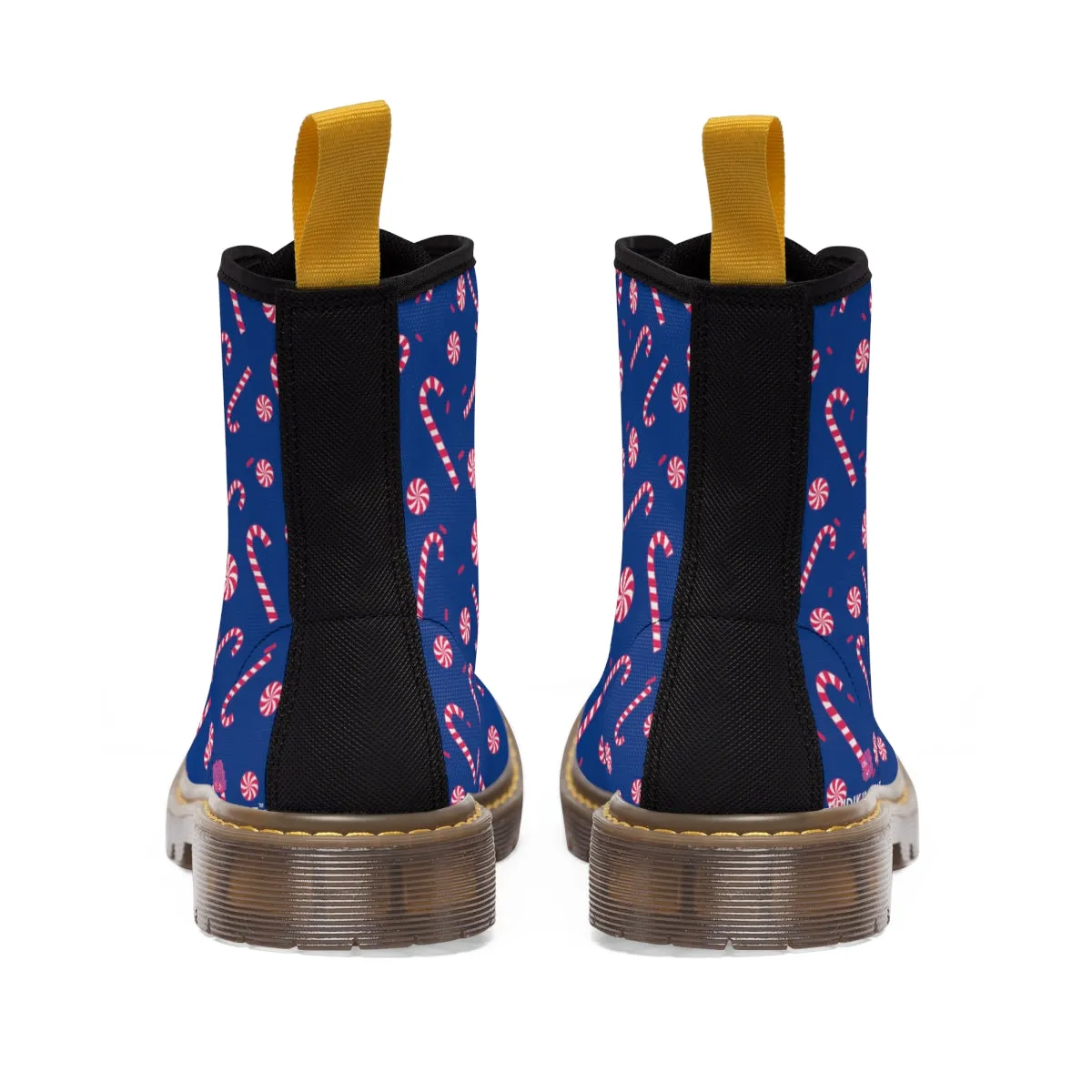 Blue Christmas Women's Canvas Boots, Red Candy Cane Print Winter Boots For Women (US Size 6.5-11)