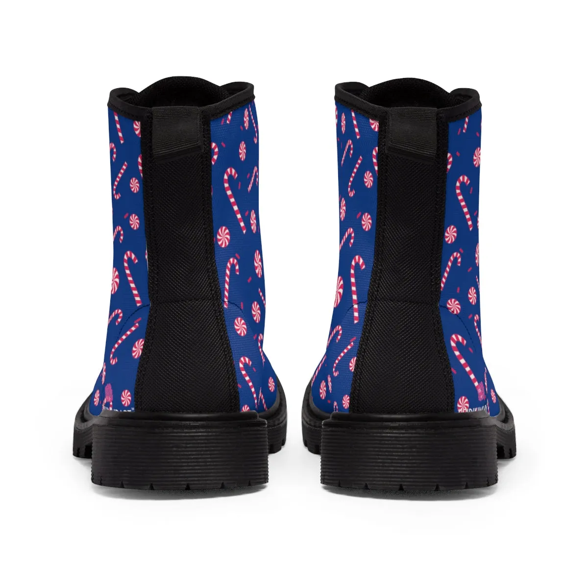 Blue Christmas Women's Canvas Boots, Red Candy Cane Print Winter Boots For Women (US Size 6.5-11)