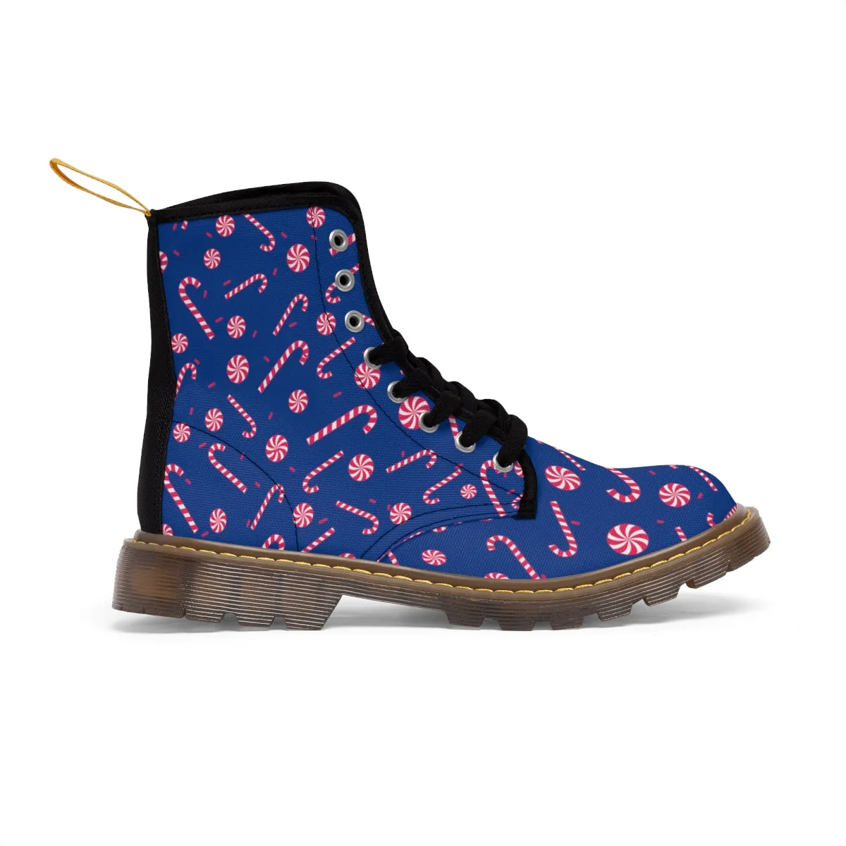 Blue Christmas Women's Canvas Boots, Red Candy Cane Print Winter Boots For Women (US Size 6.5-11)