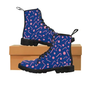 Blue Christmas Women's Canvas Boots, Red Candy Cane Print Winter Boots For Women (US Size 6.5-11)