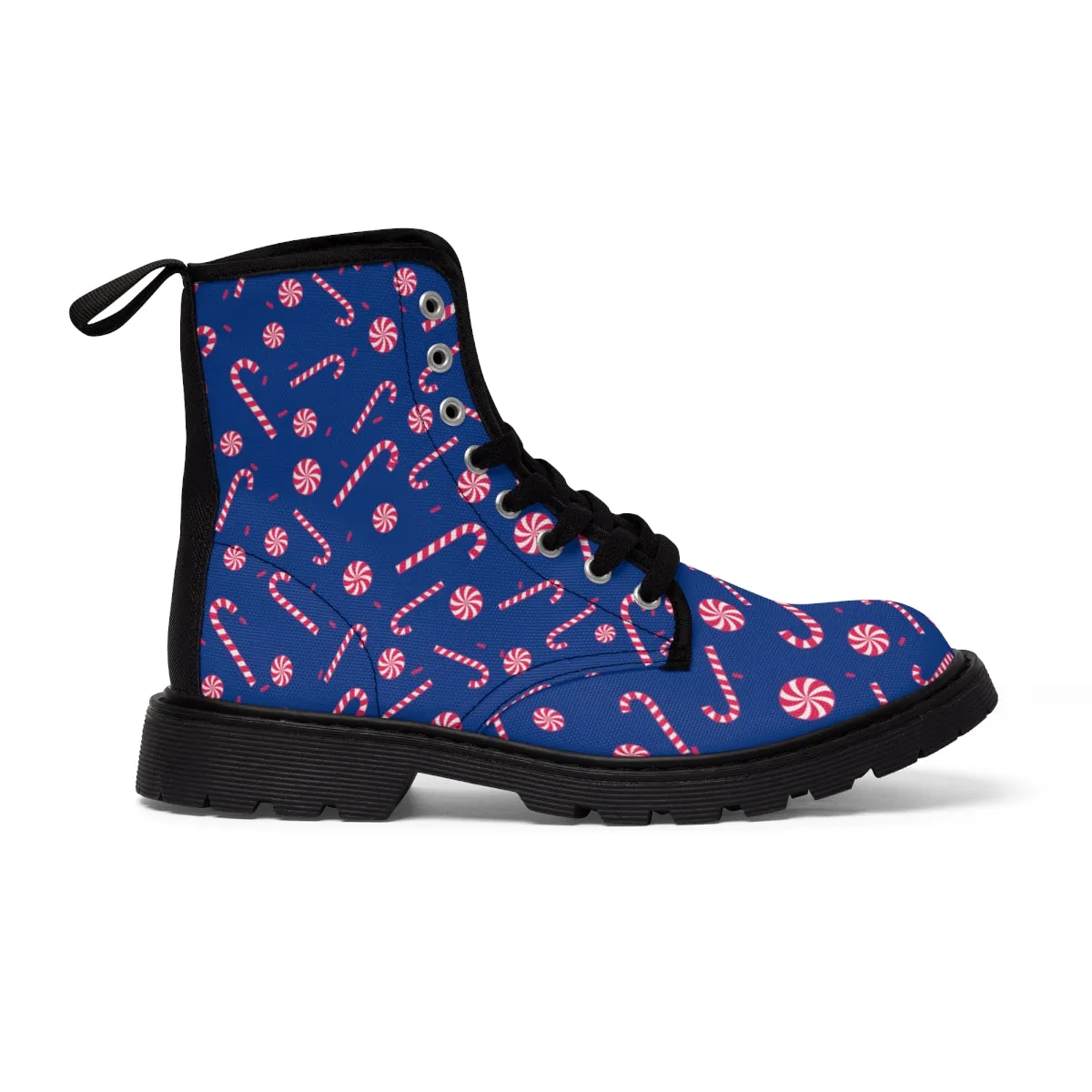 Blue Christmas Women's Canvas Boots, Red Candy Cane Print Winter Boots For Women (US Size 6.5-11)
