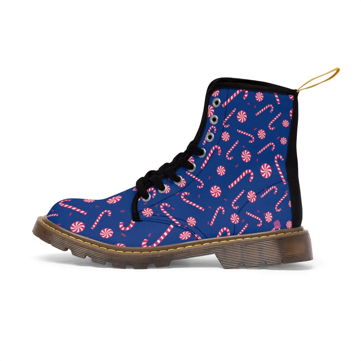 Blue Christmas Women's Canvas Boots, Red Candy Cane Print Winter Boots For Women (US Size 6.5-11)