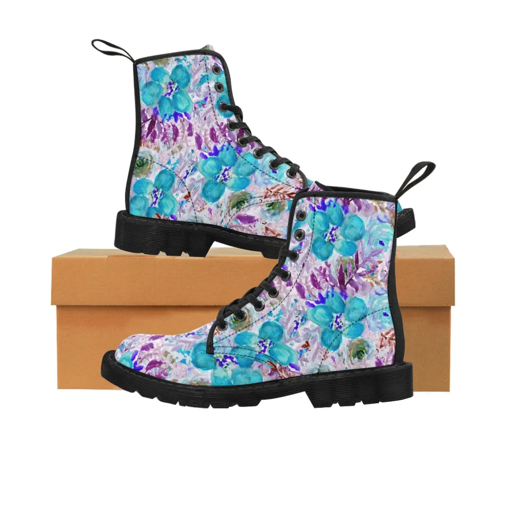 Blue Floral Men's Canvas Boots, Flower Print Luxury Premium Fashion Hiking Shoes (US Size: 7-10.5)