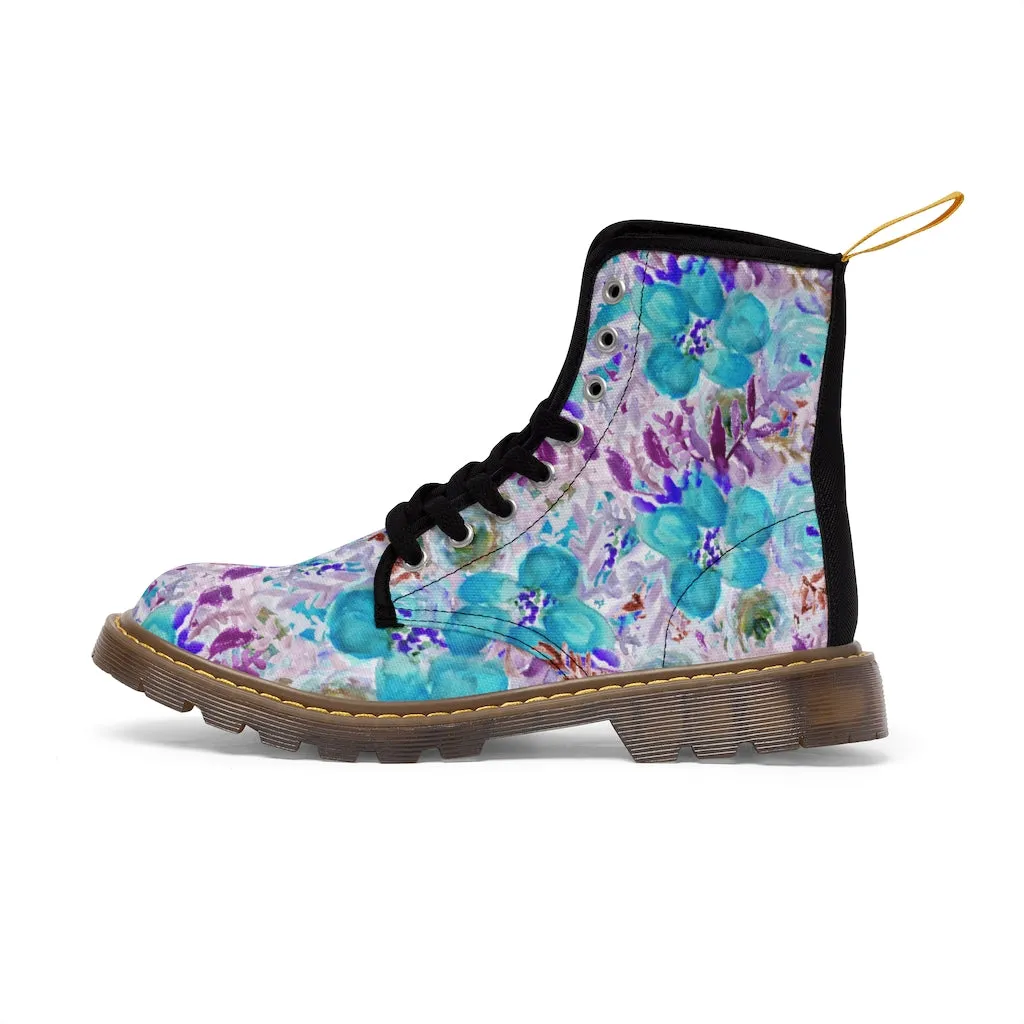 Blue Floral Men's Canvas Boots, Flower Print Luxury Premium Fashion Hiking Shoes (US Size: 7-10.5)