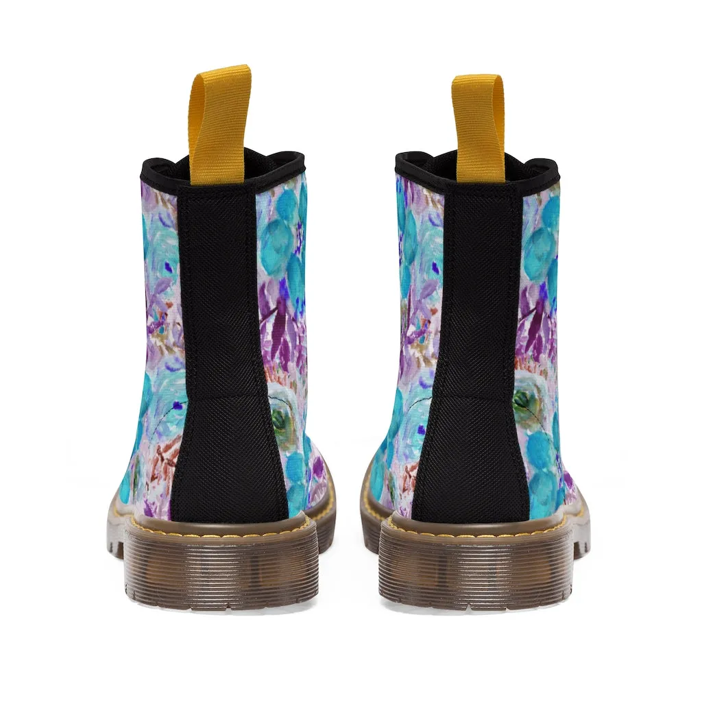 Blue Floral Men's Canvas Boots, Flower Print Luxury Premium Fashion Hiking Shoes (US Size: 7-10.5)