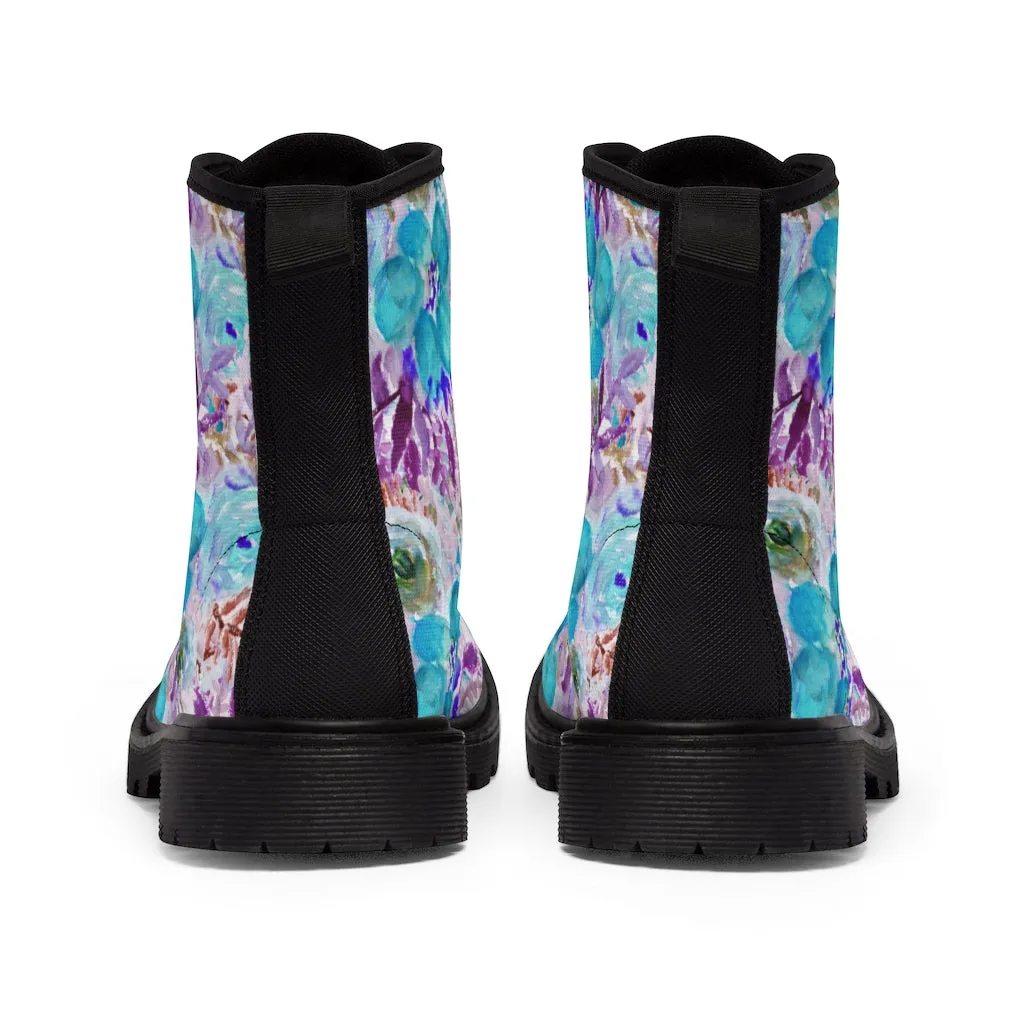 Blue Floral Men's Canvas Boots, Flower Print Luxury Premium Fashion Hiking Shoes (US Size: 7-10.5)
