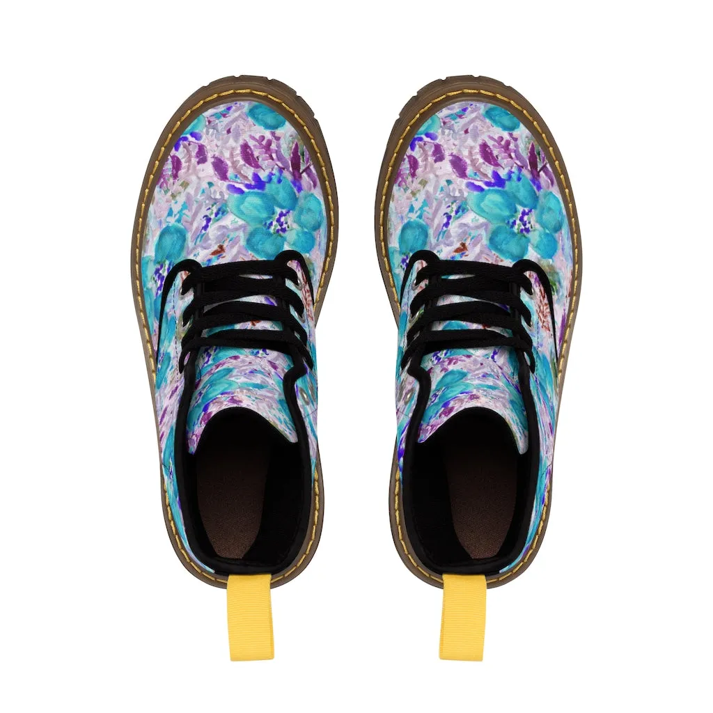 Blue Floral Men's Canvas Boots, Flower Print Luxury Premium Fashion Hiking Shoes (US Size: 7-10.5)