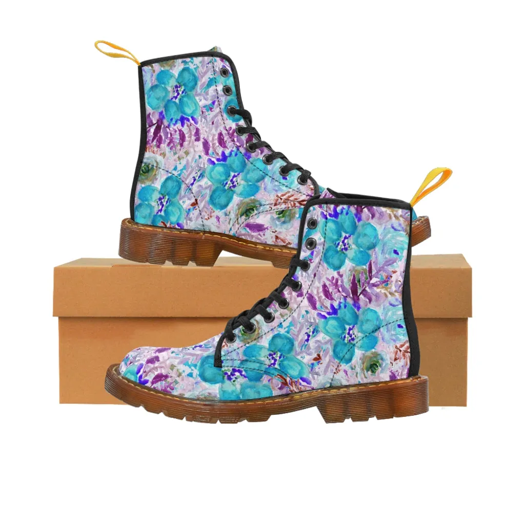 Blue Floral Men's Canvas Boots, Flower Print Luxury Premium Fashion Hiking Shoes (US Size: 7-10.5)