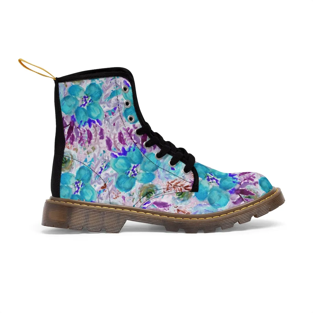 Blue Floral Men's Canvas Boots, Flower Print Luxury Premium Fashion Hiking Shoes (US Size: 7-10.5)