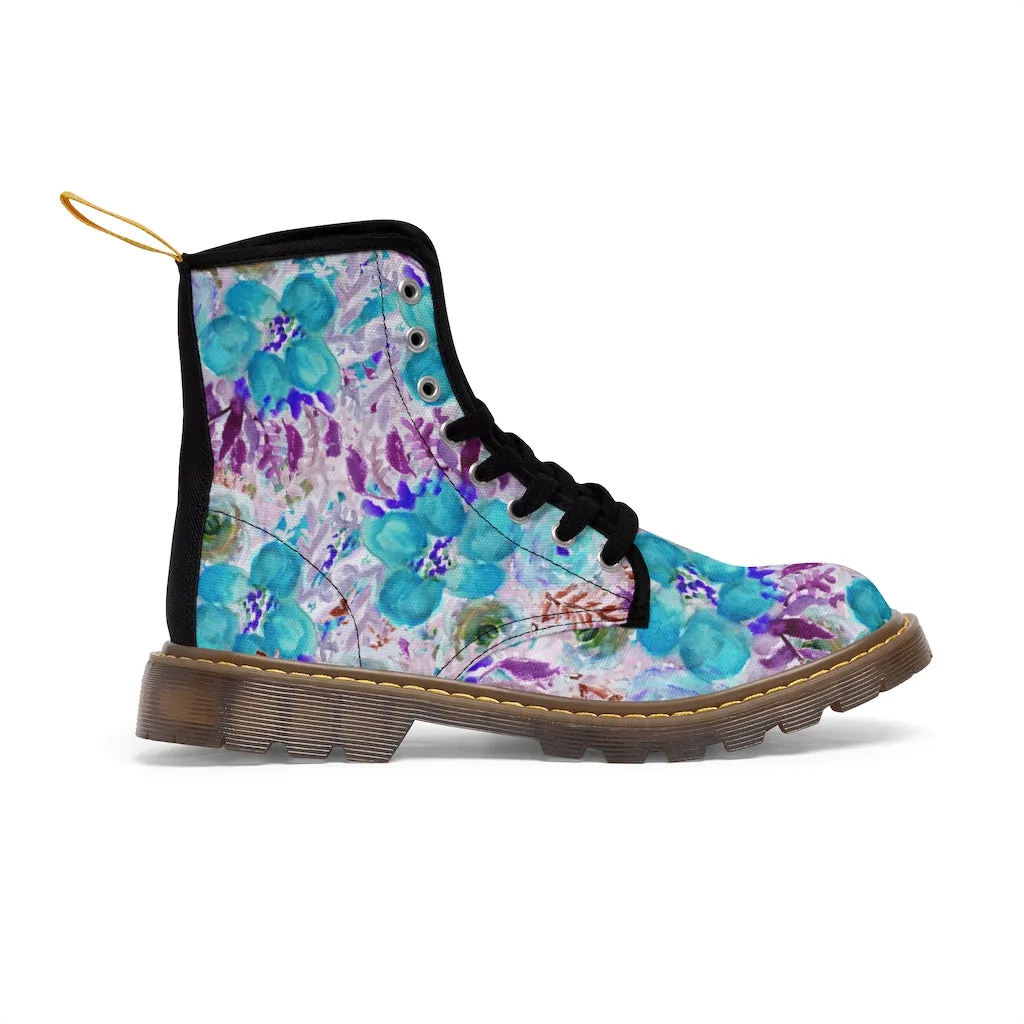 Blue Floral Men's Canvas Boots, Flower Print Luxury Premium Fashion Hiking Shoes (US Size: 7-10.5)