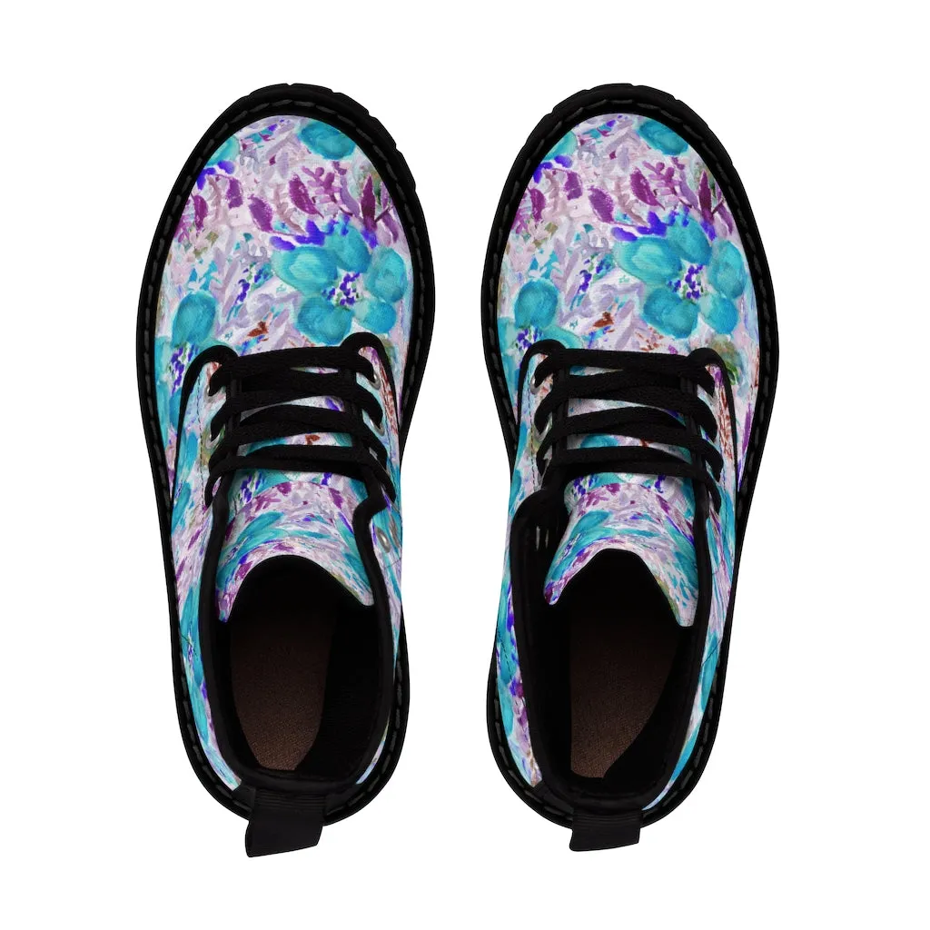 Blue Floral Men's Canvas Boots, Flower Print Luxury Premium Fashion Hiking Shoes (US Size: 7-10.5)