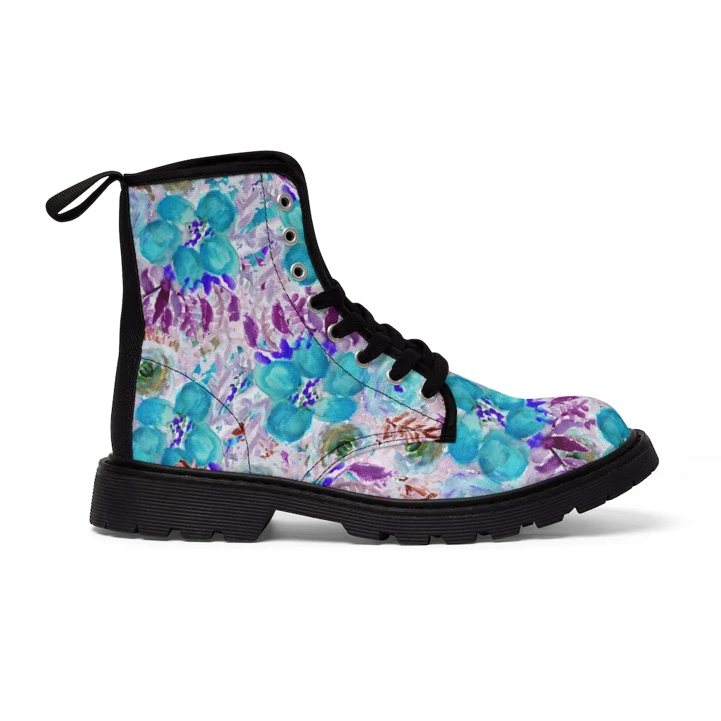 Blue Floral Men's Canvas Boots, Flower Print Luxury Premium Fashion Hiking Shoes (US Size: 7-10.5)