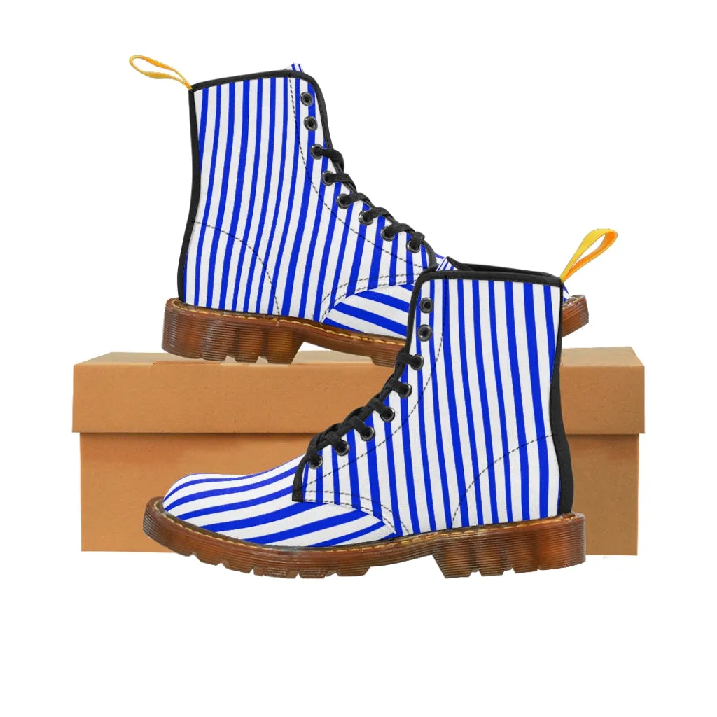 Blue Striped Print Men's Boots, Blue White Stripes Best Hiking Winter Boots Laced Up Shoes For Men