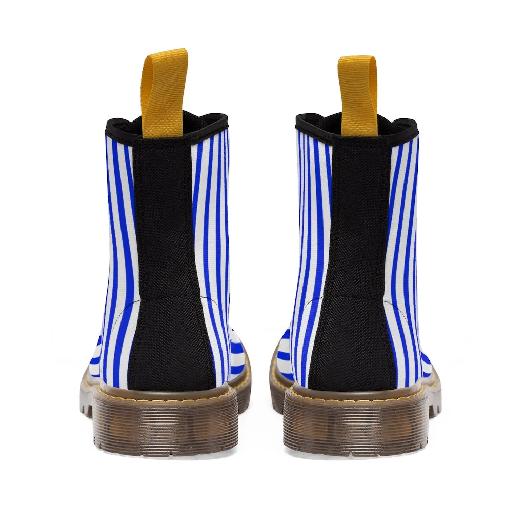 Blue Striped Print Men's Boots, Blue White Stripes Best Hiking Winter Boots Laced Up Shoes For Men