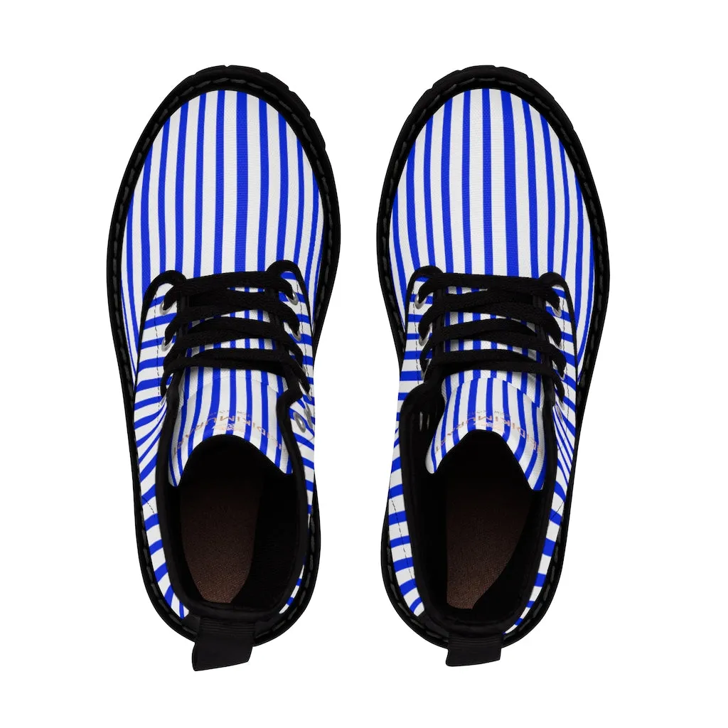 Blue Striped Print Men's Boots, Blue White Stripes Best Hiking Winter Boots Laced Up Shoes For Men