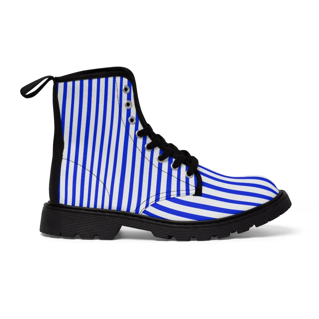 Blue Striped Print Men's Boots, Blue White Stripes Best Hiking Winter Boots Laced Up Shoes For Men