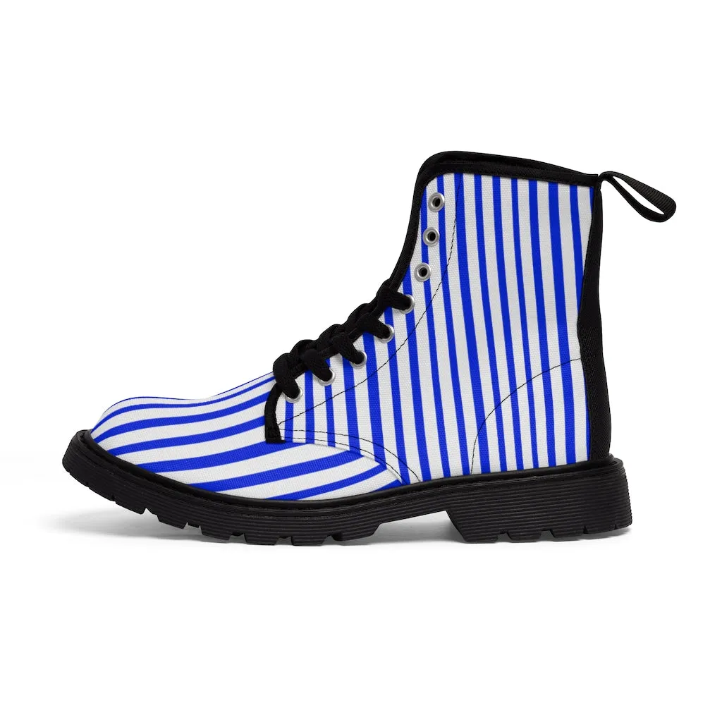 Blue Striped Print Men's Boots, Blue White Stripes Best Hiking Winter Boots Laced Up Shoes For Men
