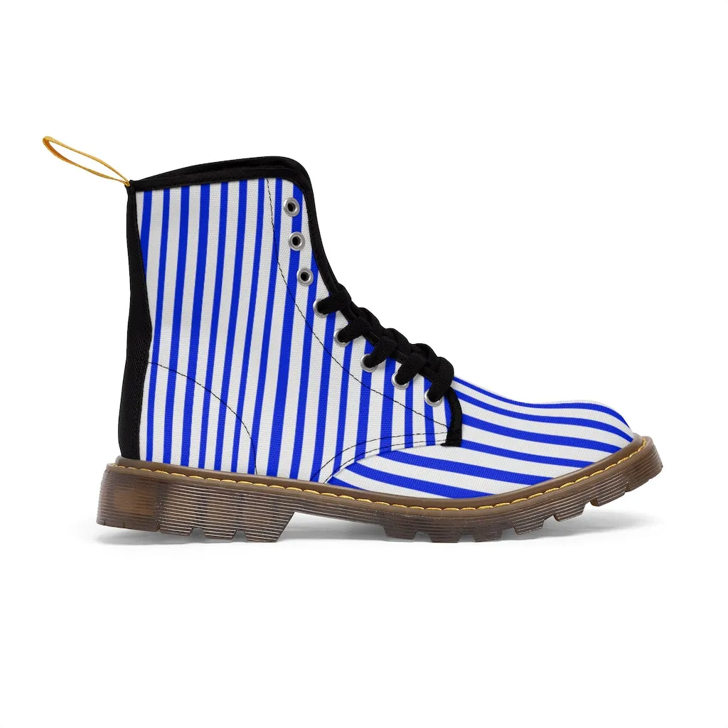 Blue Striped Print Men's Boots, Blue White Stripes Best Hiking Winter Boots Laced Up Shoes For Men