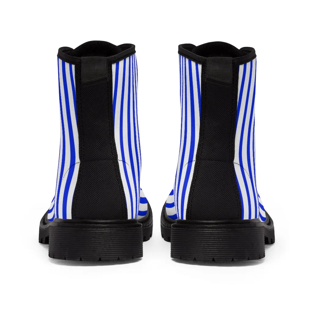Blue Striped Print Men's Boots, Blue White Stripes Best Hiking Winter Boots Laced Up Shoes For Men