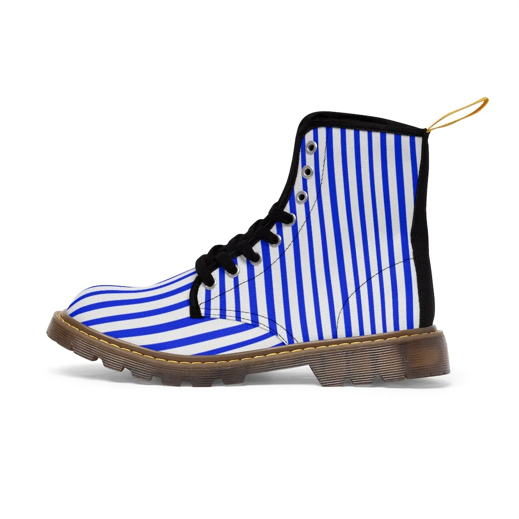 Blue Striped Print Men's Boots, Blue White Stripes Best Hiking Winter Boots Laced Up Shoes For Men