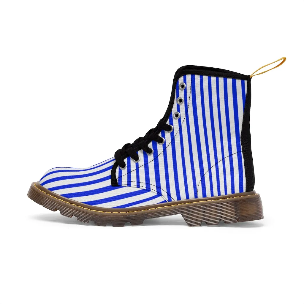Blue Striped Print Men's Boots, Blue White Stripes Best Hiking Winter Boots Laced Up Shoes For Men