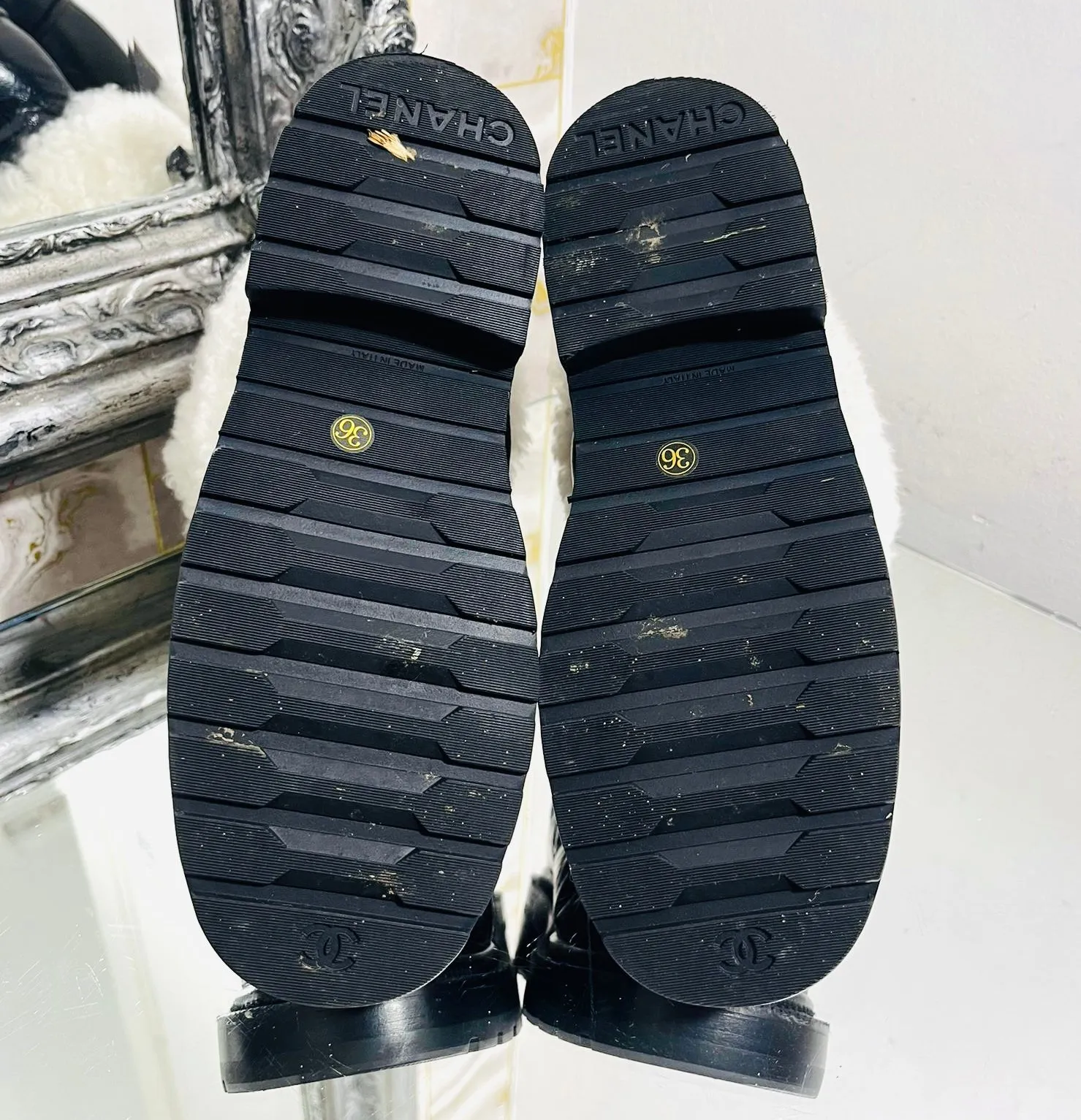 Chanel 'CC' Logo Lambskin & Shearing Ankle Boots. Size 36