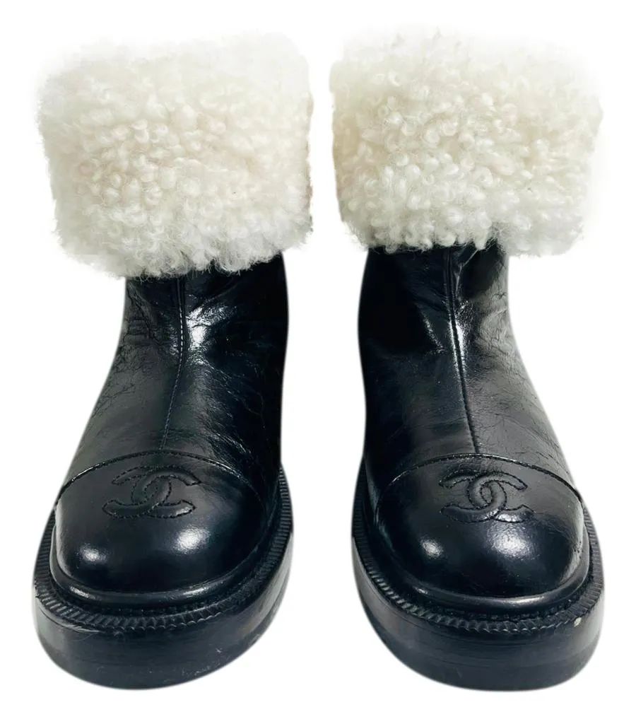 Chanel 'CC' Logo Lambskin & Shearing Ankle Boots. Size 36