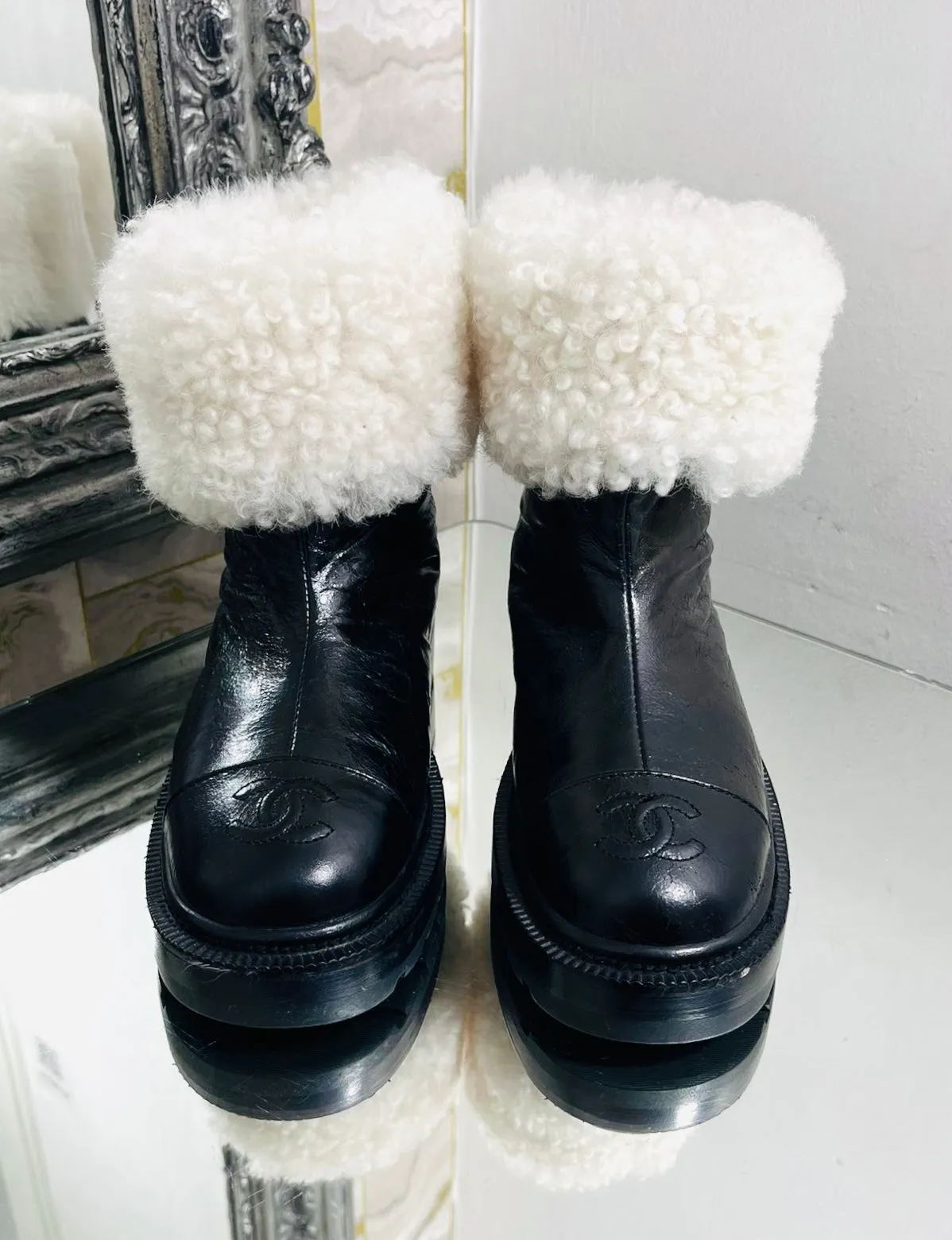 Chanel 'CC' Logo Lambskin & Shearing Ankle Boots. Size 36