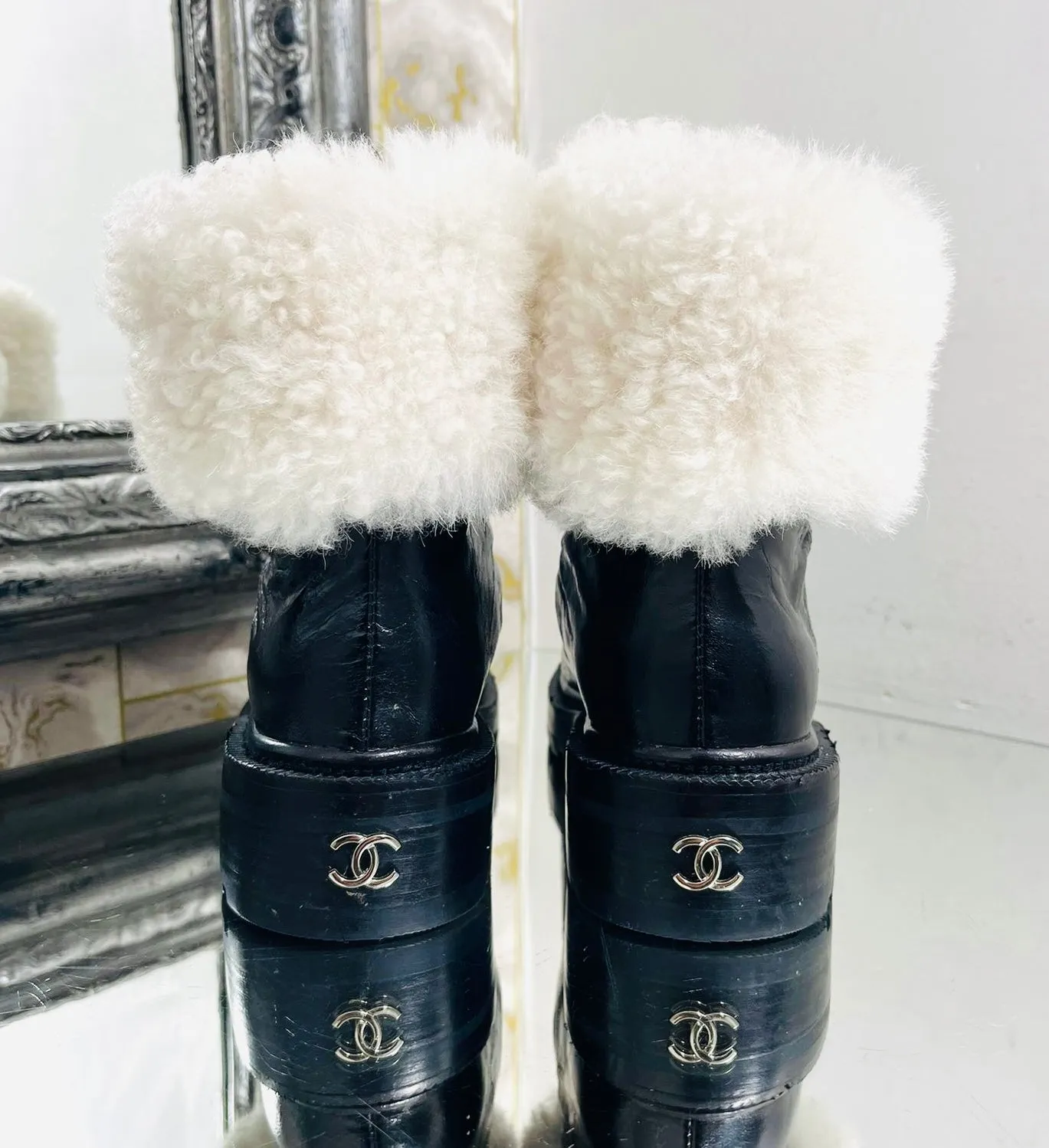 Chanel 'CC' Logo Lambskin & Shearing Ankle Boots. Size 36