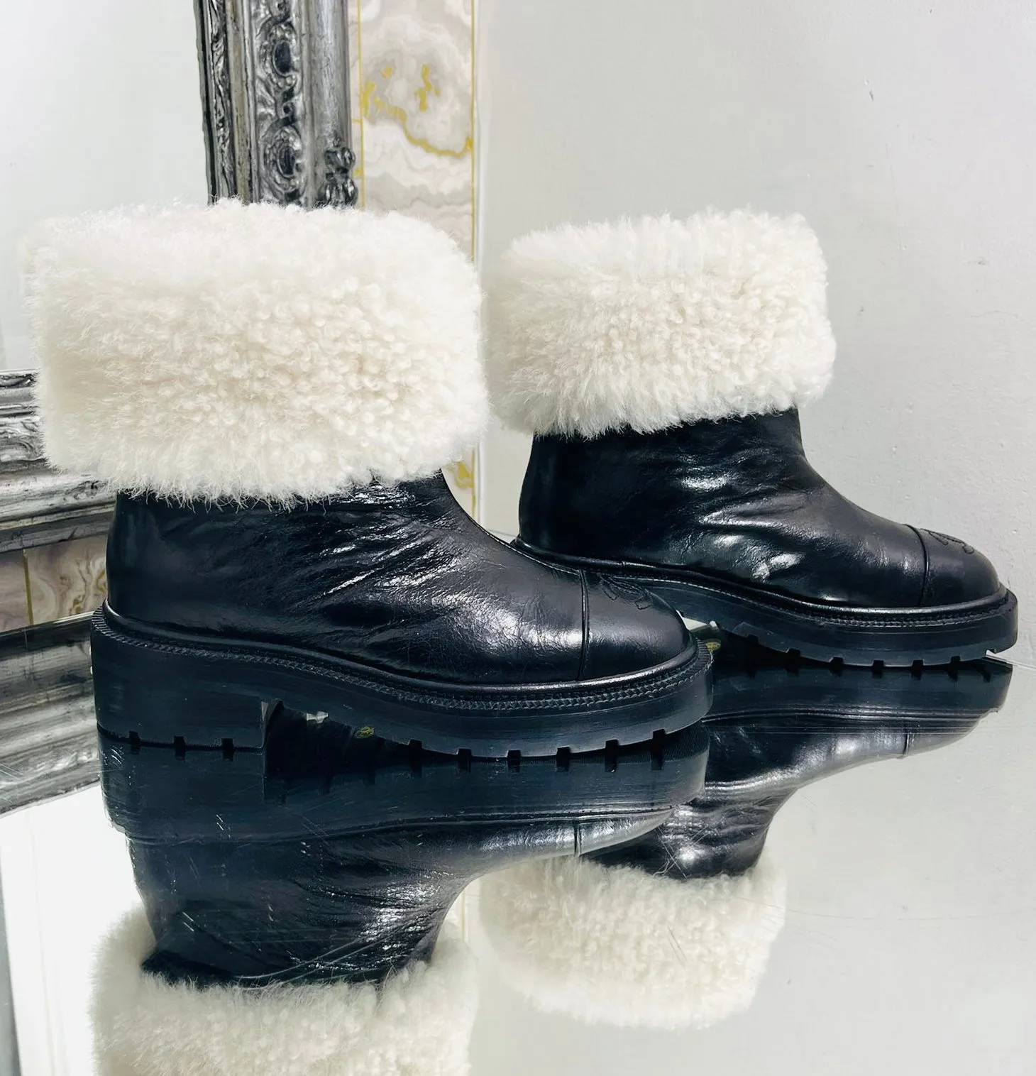 Chanel 'CC' Logo Lambskin & Shearing Ankle Boots. Size 36