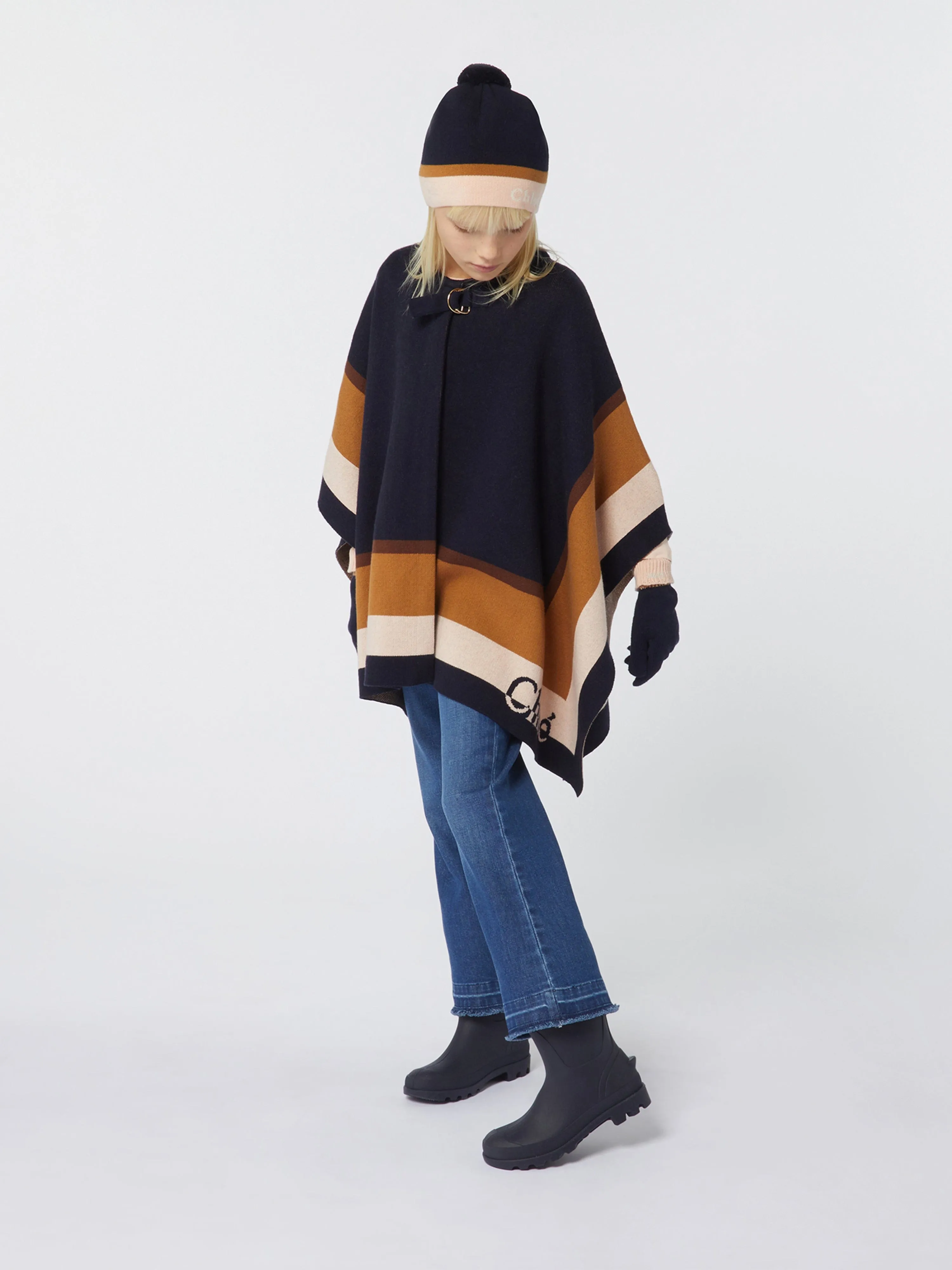 Chloé Girls Faux Faur Trim Rain Boots in Navy
