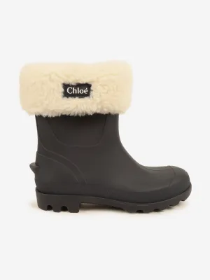 Chloé Girls Faux Faur Trim Rain Boots in Navy
