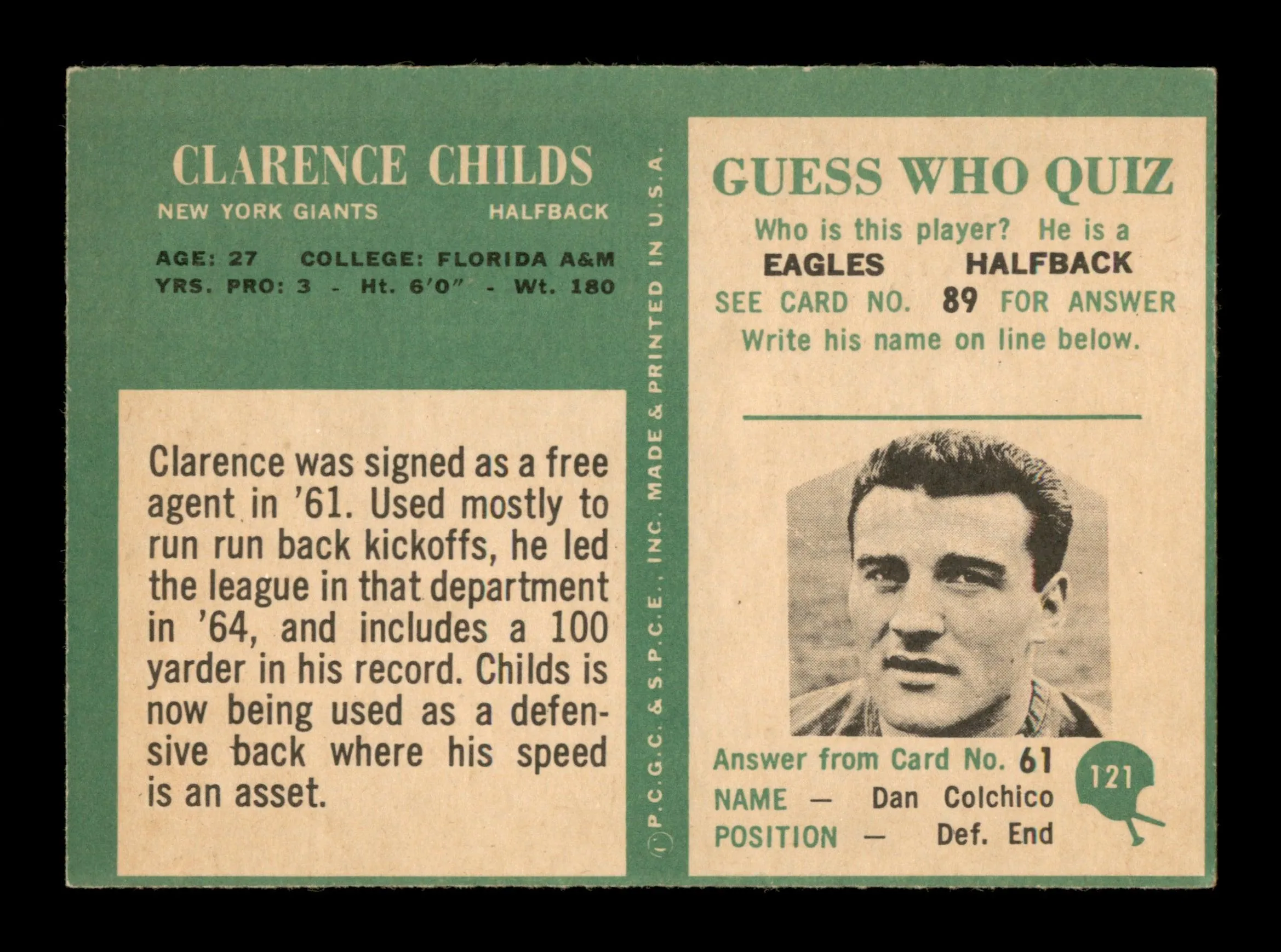 Clarence Childs Autographed 1966 Philadelphia Card #121 New York Giants SKU #188047
